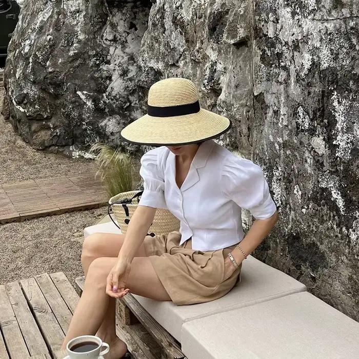Chapeau d'été en paille à bords noirs pour femmes style sport chic plage protection solaire multifonctionnels occasions estivales