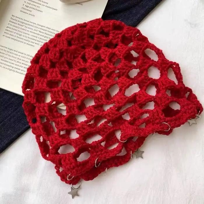 ㉹ Bonnet tricoté bohème ajouré en crochet avec étoile pour femme – Élégant