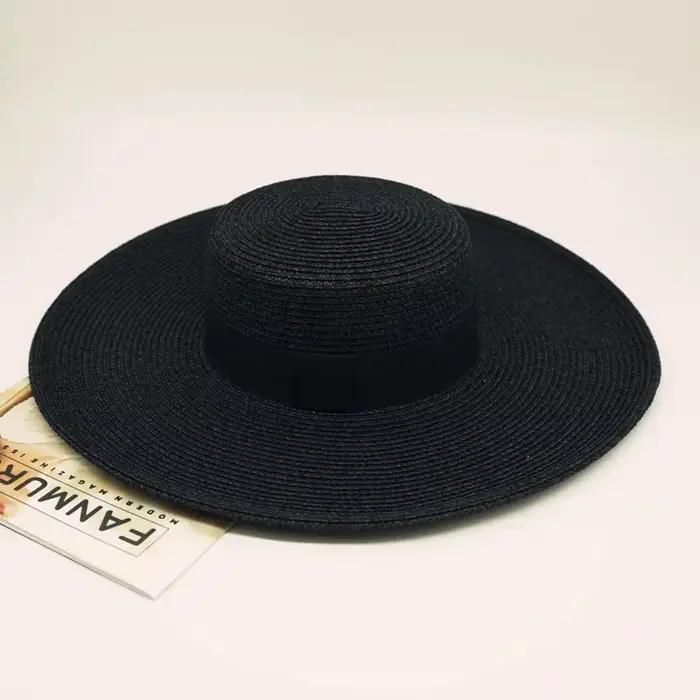 Chapeau de paille noir INS haut de forme pour femmes grande protection solaire plage été occassions spéciales