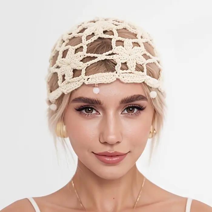 Bohemian Style Crochet Flower Knitted Hat Handmade Thin Hollowed Out Beanie Cap Korean