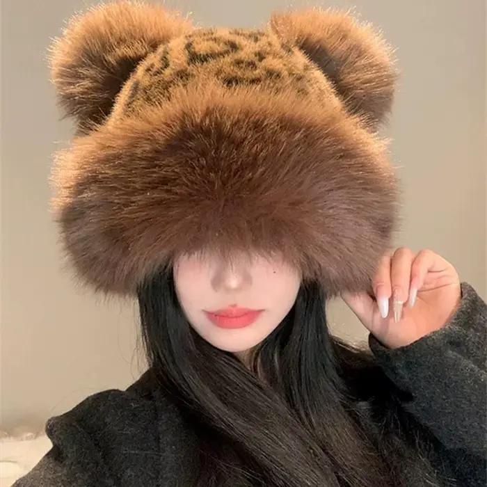 Bonnet rétro imprimé léopard en peluche oreilles de chat pour femmes