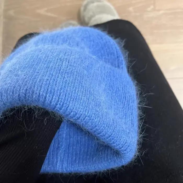 2024 Angora tricot chapeau d'hiver pour femmes fourrure de lapin moelleux tricoté bonnets corée luxe Bonnet femme doux