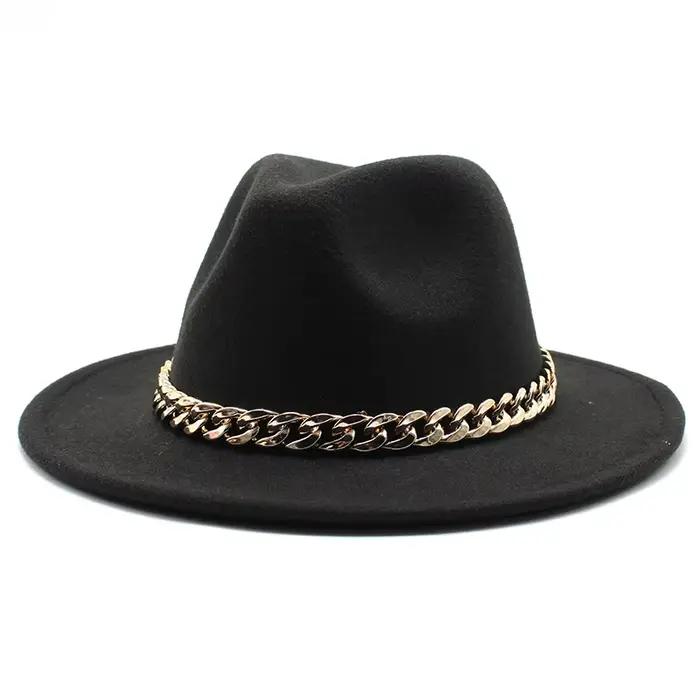 Fedora chapeaux pour femmes hommes à large bord épais chaîne en or bande feutré Chapeau Jazz casquette hiver automne