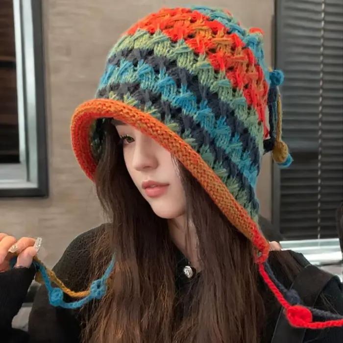 Bonnet en laine tricoté à rayures arc-en-ciel colorées pour femmes