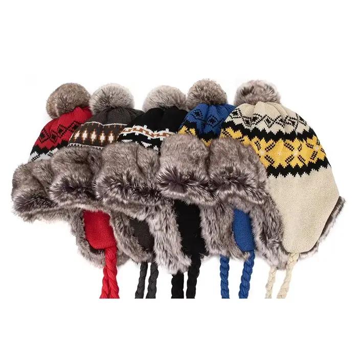 Chapeau d'hiver tricoté coupe-vent chaud style bombardier avec pompon en fourrure et cache-oreilles pour hommes