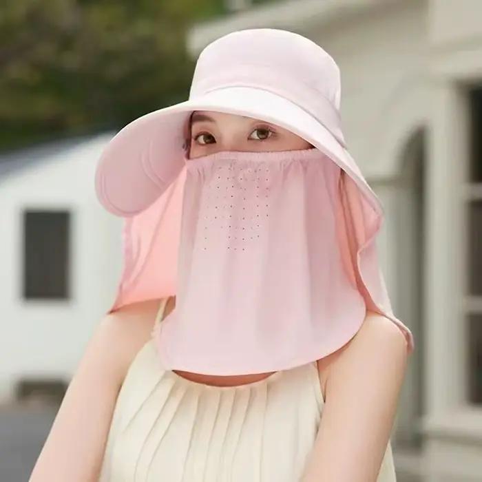 ❃ Chapeau de pêcheur à large bord pliable anti-UV avec masque facial intégré réglable