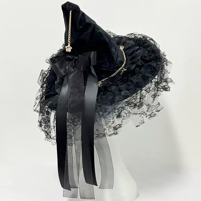Chapeau de sorcière/magicien gothique sombre Lolita à large bord pour cosplay d'Halloween