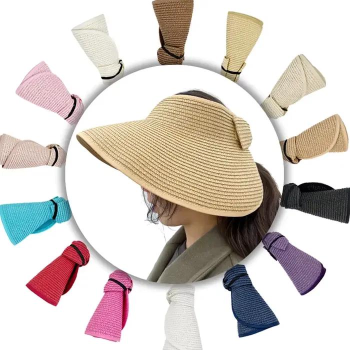 Nouveau femmes été visières chapeau pliable large grand bord nœud papillon vide haut chapeaux de paille