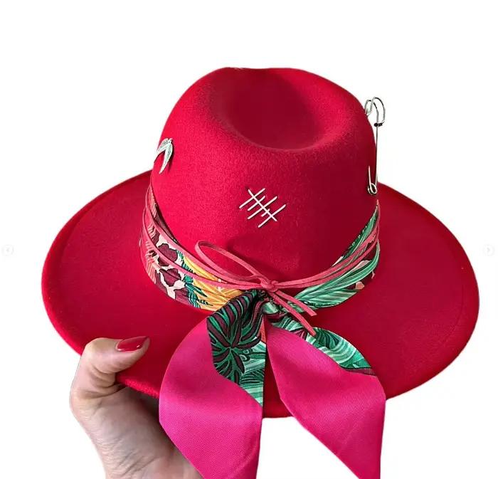 Chapeau Fedora rouge cousu à la main pour hommes et femmes