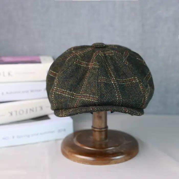 Casquette plate en laine à carreaux verts pour homme et femme occasionnels chapeau de gavroche style sport polyvalent four seasons adaptable à toutes les saisons