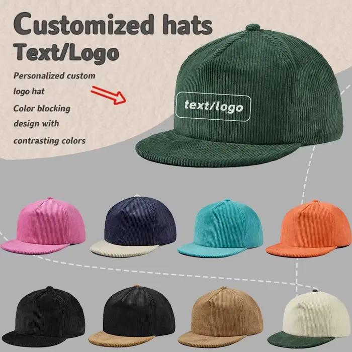 Chapeau rétro logo brodé personnalisé en velours côtelé cinq panneaux bord plat pour hommes et femmes casquette de baseball décontractée protection solaire adaptable