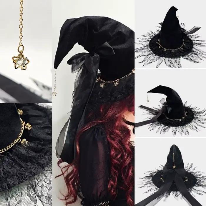 Chapeau de sorcière/magicien gothique sombre Lolita à large bord pour cosplay d'Halloween