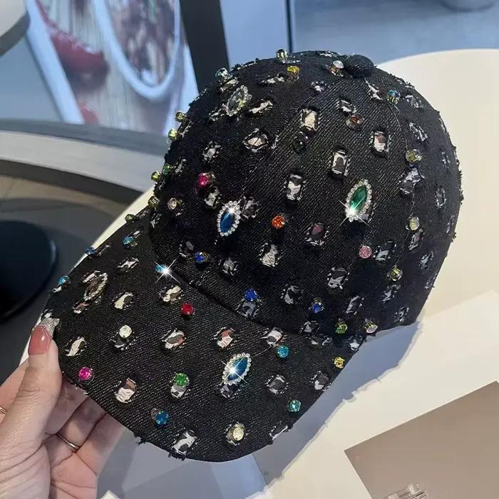 Casquette de baseball en jean incrustée de diamants pour femme