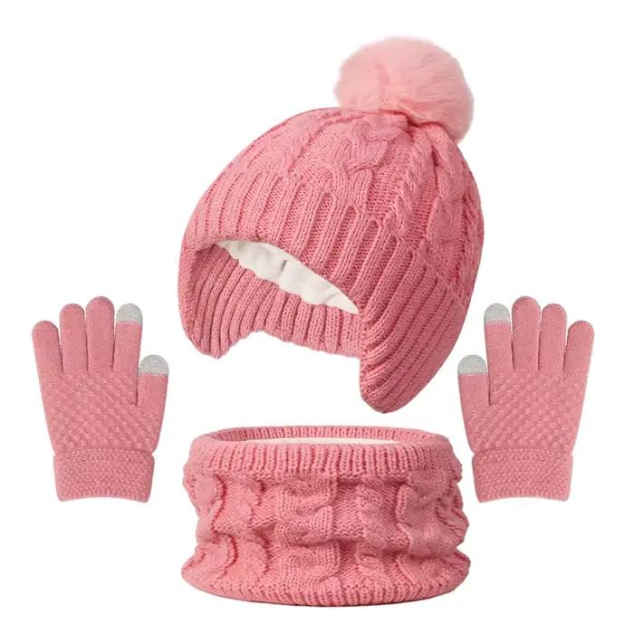 3 pièces enfants tricoté chapeau écharpe gants ensemble doublure polaire chaud
