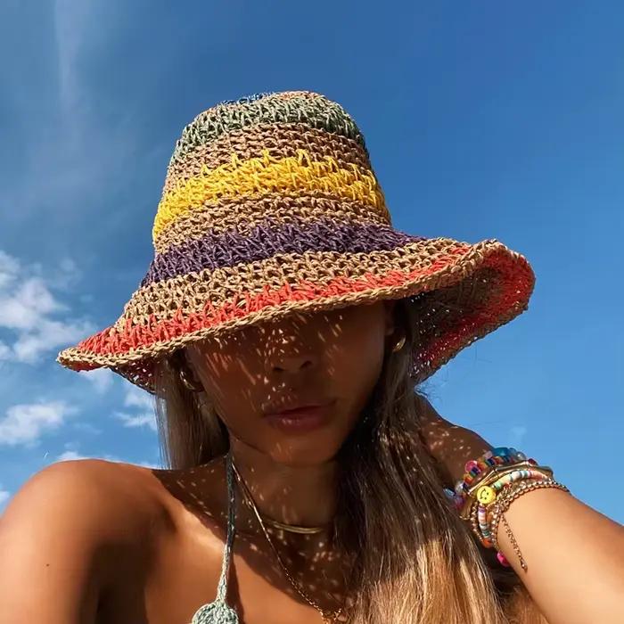Chapeau Seau Arc-en-Ciel au Crochet Fait Main Femme Plage Protection UV Casquette Boho Printemps Eté Occasions Spéciales