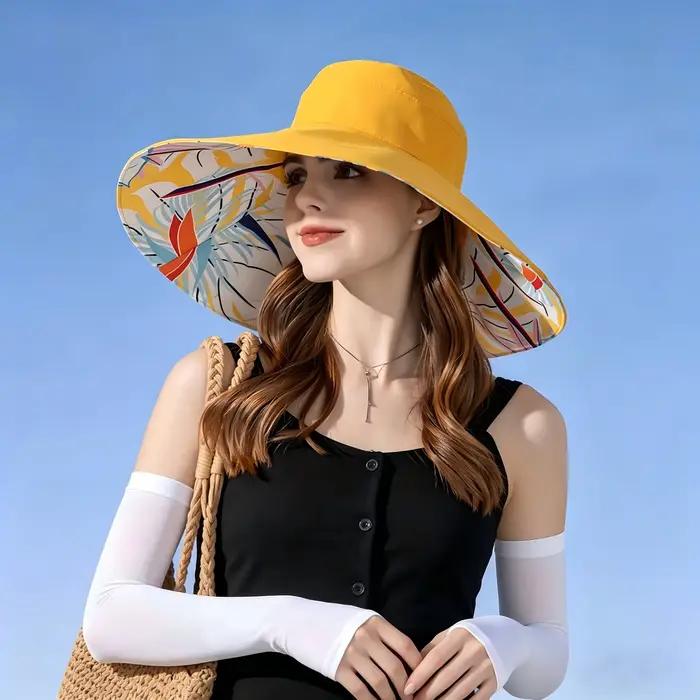 Chapeau bob double face à large bord imprimé feuilles + manchons rafraîchissants