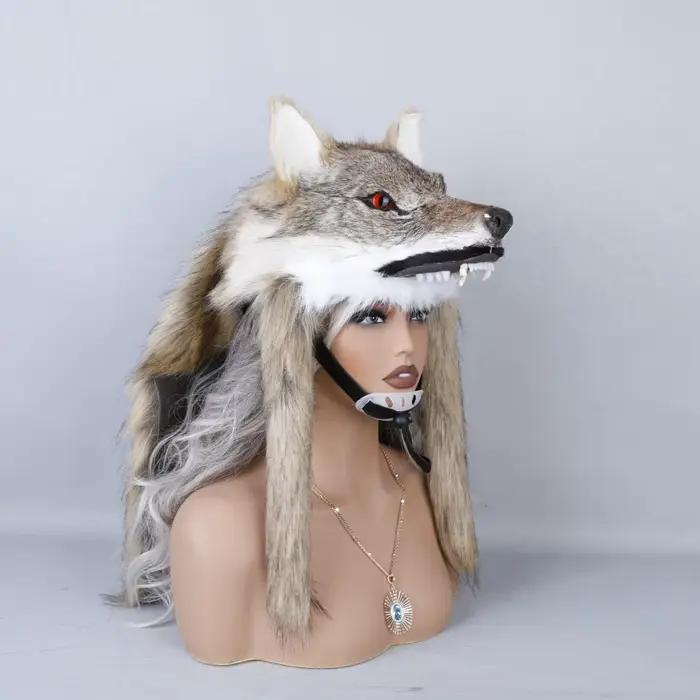 Chapeau tête de loup en fausse fourrure unisexe