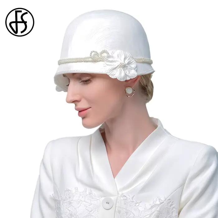FS élégant blanc noir chapeaux avec fleur britannique haut-de-forme dames Vintage Cocktail casquette de fête de mariage église chapellerie 2025 hiver