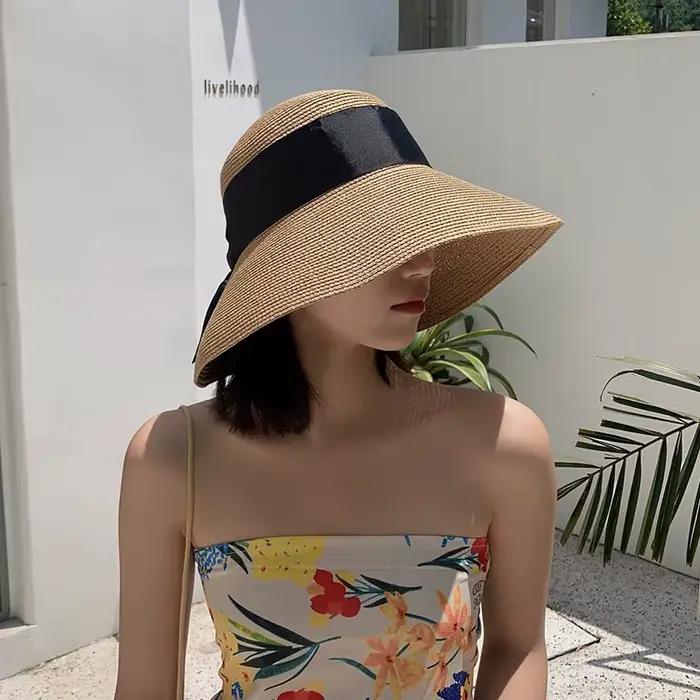 Chapeaux de paille à nœud de ruban noir pliable pour femmes et filles