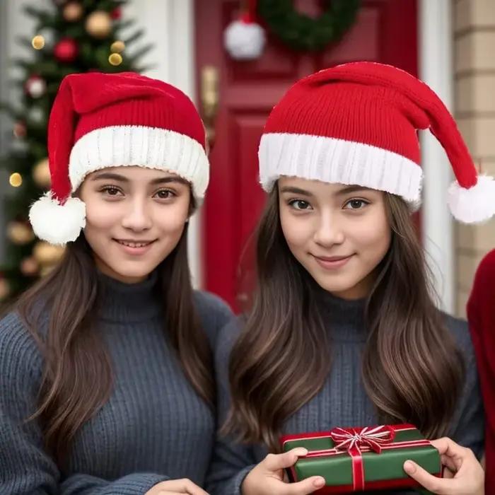 Chapeau de Noël mignon aux pompons pour enfants et adultes, doux et festif, idéal pour Noël et Nouvel An, cadeau hivernal ```