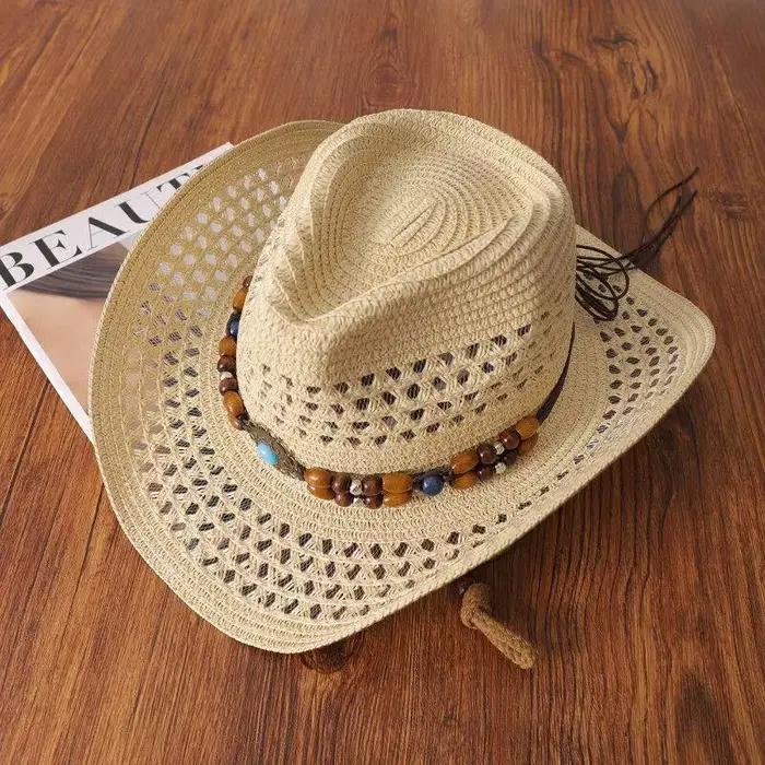 Chapeau de paille en denim tressé ajouré style bohème