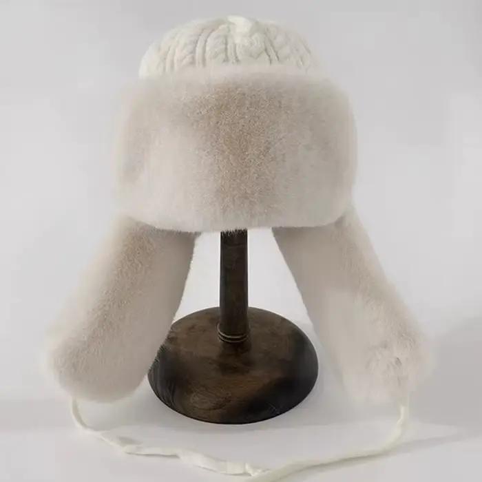 Chapeau en tricot pour femmes avec oreillettes étendues, conception épaisse à nouer, style coréen, polyester, hiver, décontracté, tricoté