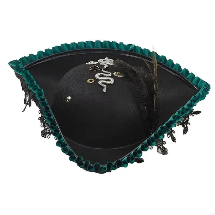 Chapeau pirate élégant avec bordure en dentelle délicate plume en peluche pour événement à thème Y08E