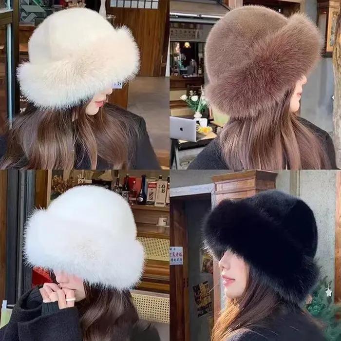 Chapeau seau en fourrure moelleuse pour femmes