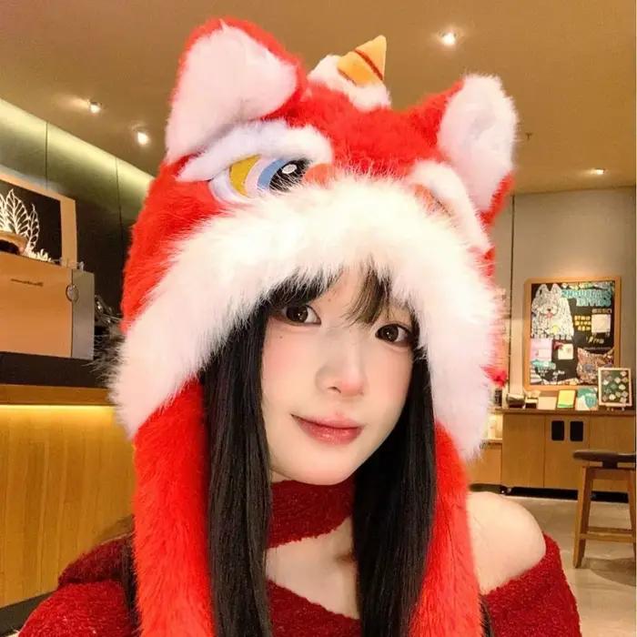 Kawaii cache-oreilles Lion danse chapeau oreilles épaissies peuvent déplacer nouvel an casquette rouge Style chinois