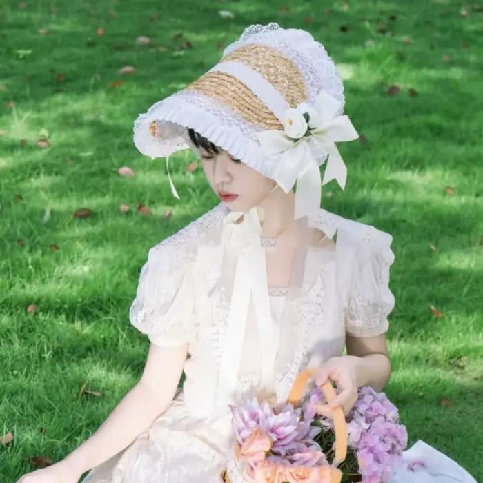 Chapeau de paille Lolita style rural français avec volants en dentelle