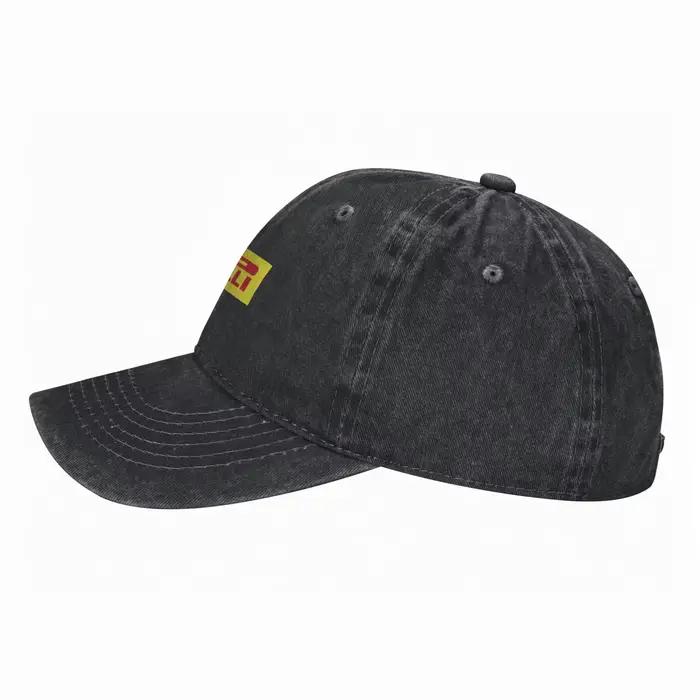 Casquette de baseball en jean jaune et rouge avec pneus Pirelli – Style Dad Hat