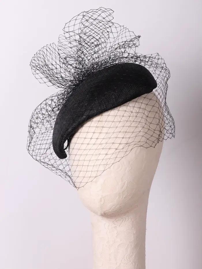 Chapeau fascinateur Sinamay élégant Beige blanc noir avec voile Vintage dames Derby église mariage thé fête