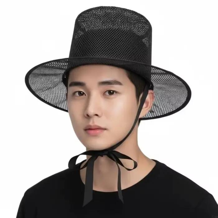 Chapeau coréen traditionnel léger en maille noire à large bord et dessus plat