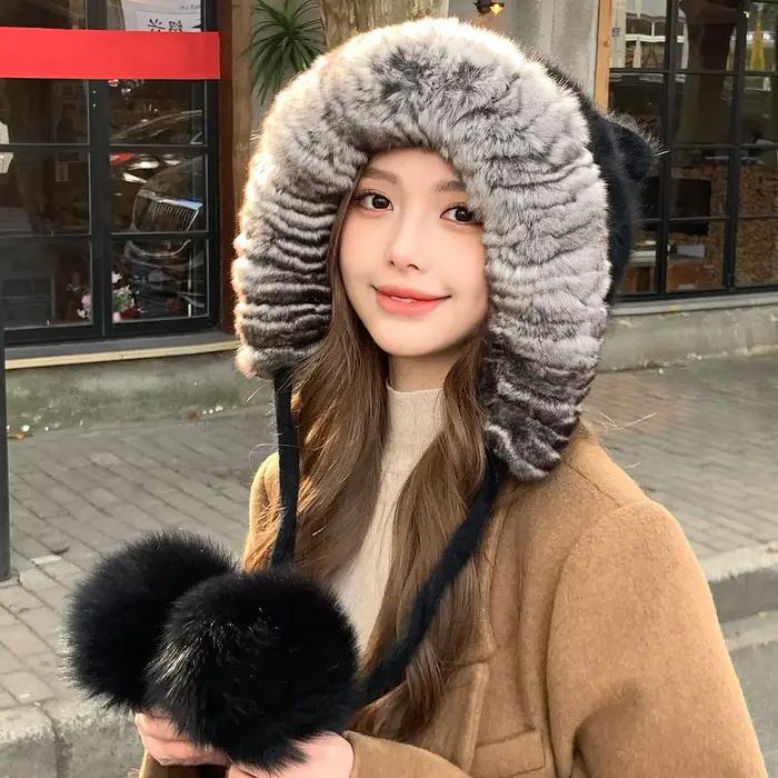 Chinchilla couleur véritable Rex fourrure de lapin Bomber casquette avec pompon de renard épais tricoté chaud oreille