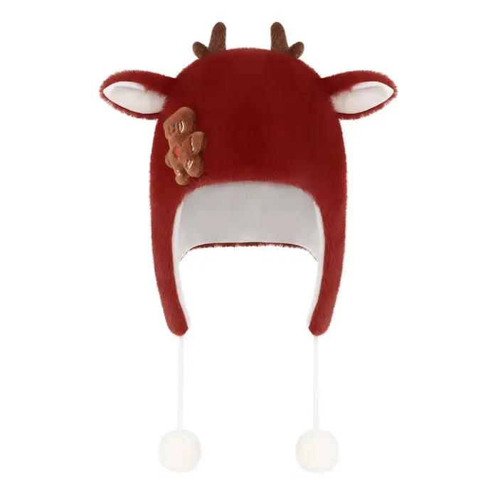 Accessoire de noël Cos Adorable chapeau à capuche en peluche bois automne hiver tricoté Pom-Pom