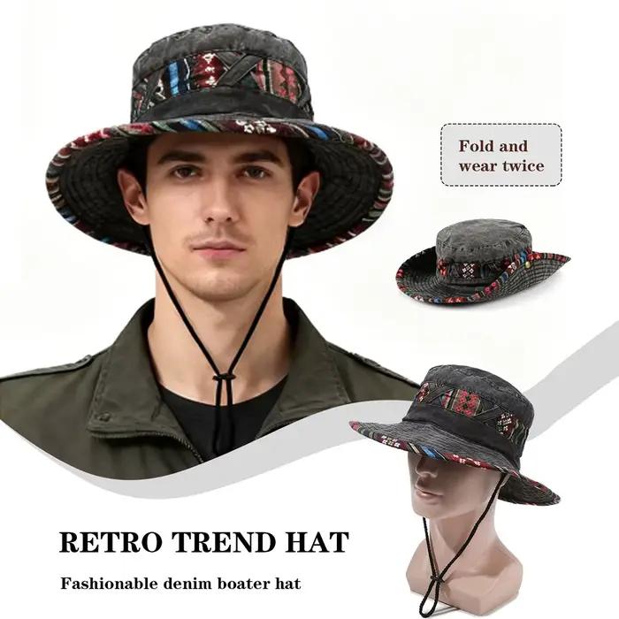 Chapeau de pêcheur en denim à bord effiloché vintage pour hommes