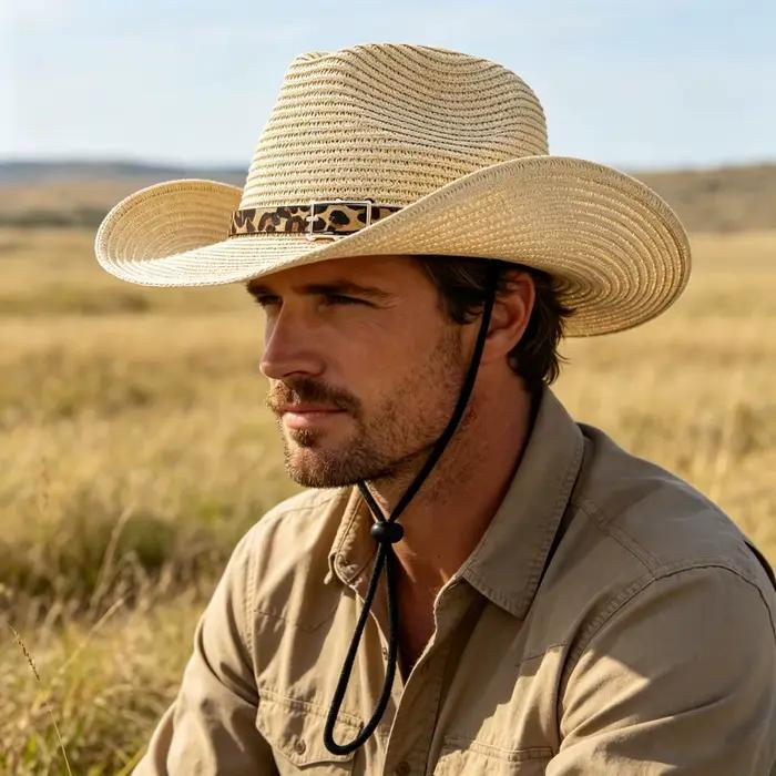Chapeau de cowboy occidental en paille avec bandeau imprimé léopard