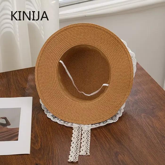 Chapeau de paille tressé à la main avec nœud coréen pour femme