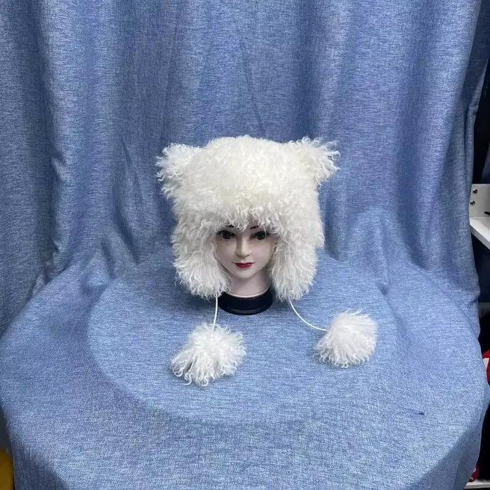 Chapeau d'hiver chaud en laine bouclée avec dessin animé d'animal