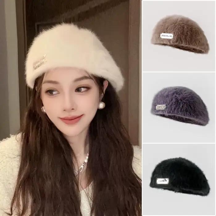 Béret réversible en fourrure de lapin pour femme