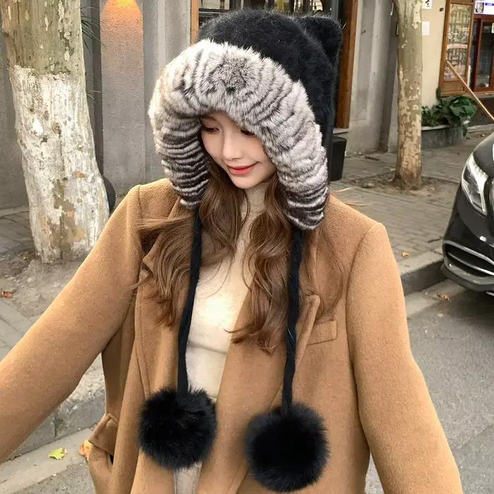 Chinchilla couleur véritable Rex fourrure de lapin Bomber casquette avec pompon de renard épais tricoté chaud oreille