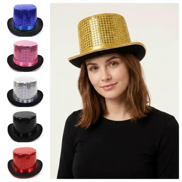 Chapeau haut de forme à paillettes multicolores style britannique chapeau de magicien scintillant chapeau cloche jazz en polyester léger et durable pour homme et femme occasions spéciales fantaisie vintage