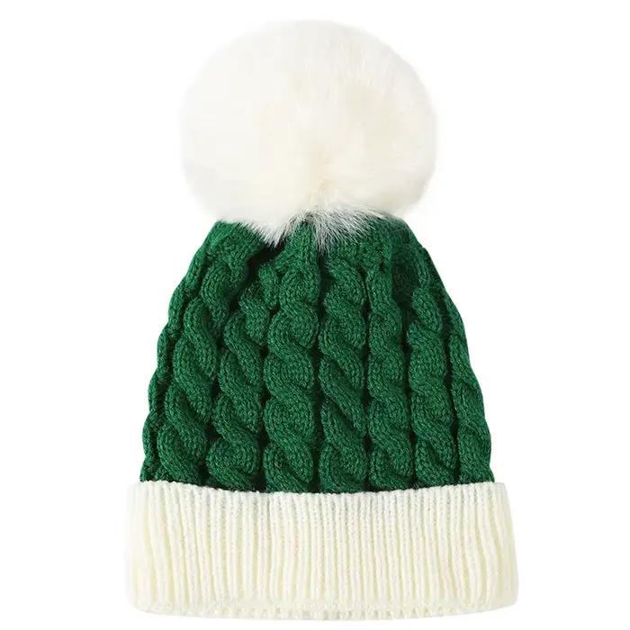 Chapeau tricoté unisexe avec pompons en Patchwork rouge et vert