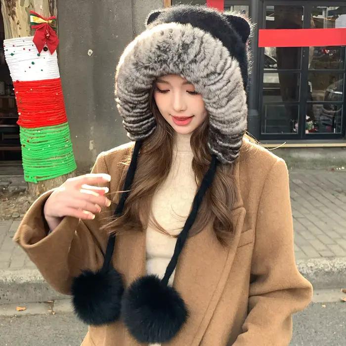 Chinchilla couleur véritable Rex fourrure de lapin Bomber casquette avec pompon de renard épais tricoté chaud oreille