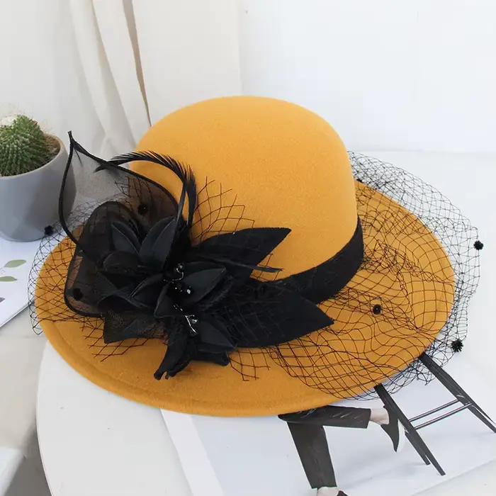 Chapeau en Laine à Grands Bords Hepburn pour Femmes Occasions Spéciales Blanc Gris Gris Foncé Jaune Rouge Vert Armée Noir Vert