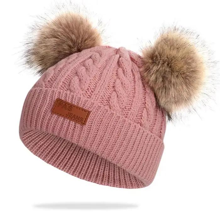 Bonnet en laine douillet avec double pompon réglable pour enfants de 1 à 3 ans, pour les garçons et les filles, occasions hivernales et automnales
