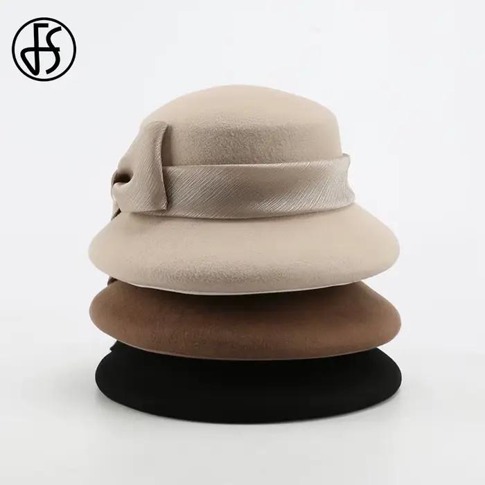Fedoras en feutre de laine pour femmes avec nœud papillon