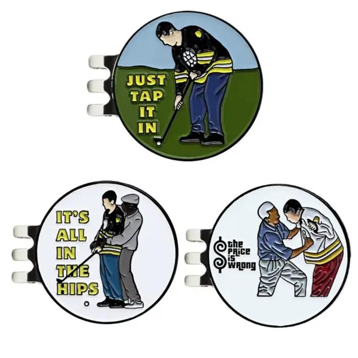 Clip de chapeau de golf Happy Gilmore en acier manganèse avec marques de balles amusantes pour homme et femme, idéal pour les golfeurs passionnés de culture populaire et de détails personnalisés