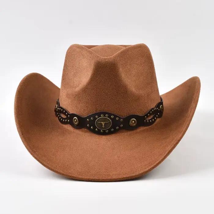 Chapeau de cowboy vintage à bord roulé avec rivets tête de taureau pour homme et femme polyvalent pour voyager et occasions spéciales