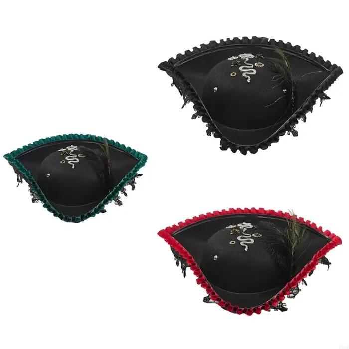 Chapeau pirate élégant avec bordure en dentelle délicate plume en peluche pour événement à thème Y08E